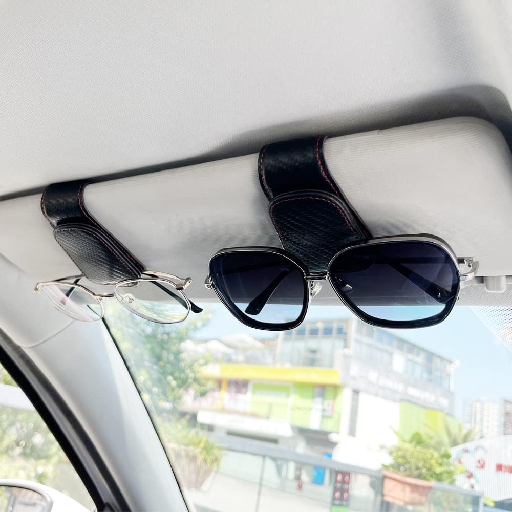2Pcs Sunglass Holder for Car, Magnetic Leather Eyeglass Hanger Clip for Car Sun Visor, Sunglasses Holder and Ticket Card Clip for Car Visor Accessories (Carbon Fibre Black)