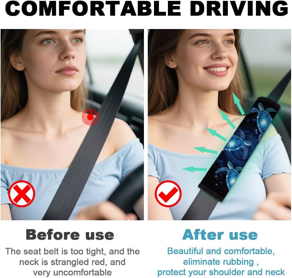 2Pcs Soft Auto Seat Belt Cover Pad Neon Galaxy Sea Turtle Print Colorful Car Seatbelt Shoulder Cushion for Comfortable Driving, Compatible with All Cars' Seatbelt and Backpack Straps