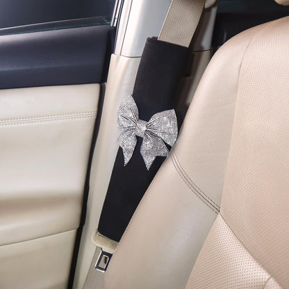 Carwales Bowknot Car Seat Belt Cover Bow Seatbelt Cushion for Shoulder, Seat Strap Pads for Women Girls Rhinestone Bling Accessories Bow Interior Auto 2 Pack Black