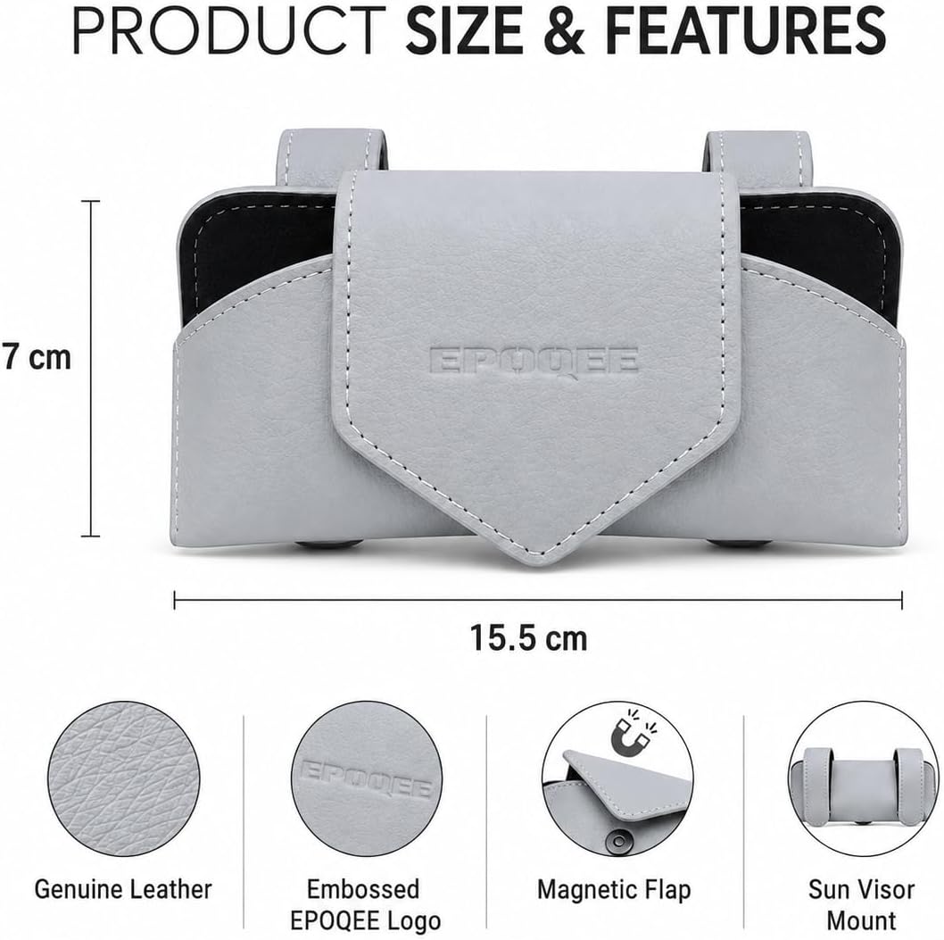 Sunglasses Holder for Car Visor, Enclosed Leather Case, Light Gray
