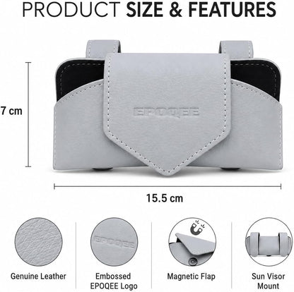 Sunglasses Holder for Car Visor, Enclosed Leather Case, Light Gray