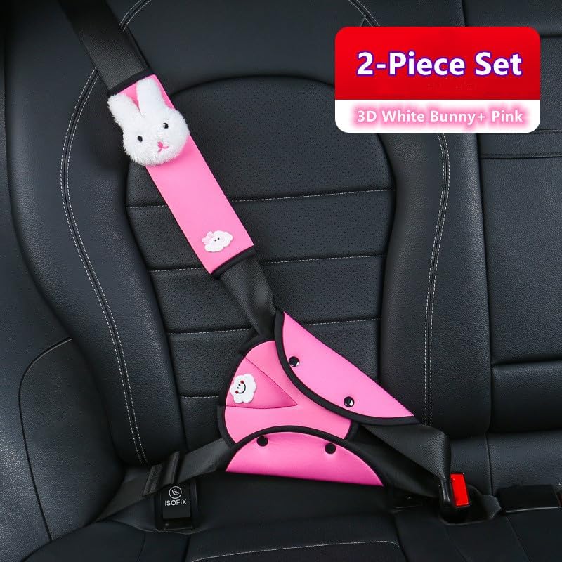 Seat Belt Cover for Kids Adults, Shoulder & Belly Comfort Pad for Boys Girls, Soft Breathable Hypoallergenic, Plush 3D Rabbit, Pink