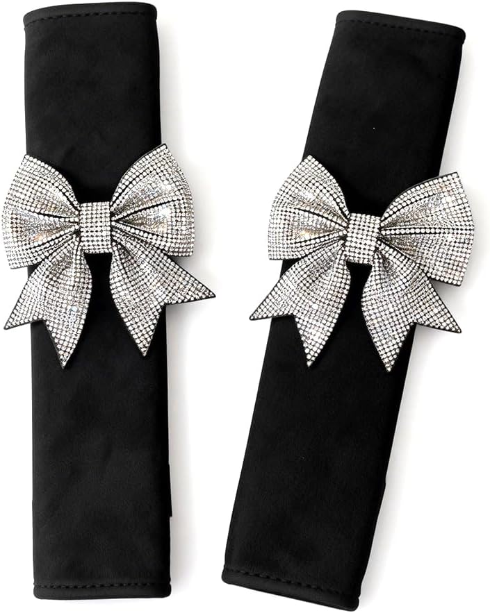 Carwales Bowknot Car Seat Belt Cover Bow Seatbelt Cushion for Shoulder, Seat Strap Pads for Women Girls Rhinestone Bling Accessories Bow Interior Auto 2 Pack Black