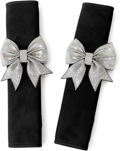 Carwales Bowknot Car Seat Belt Cover Bow Seatbelt Cushion for Shoulder, Seat Strap Pads for Women Girls Rhinestone Bling Accessories Bow Interior Auto 2 Pack Black