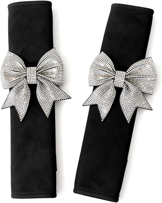 Carwales Bowknot Car Seat Belt Cover Bow Seatbelt Cushion for Shoulder, Seat Strap Pads for Women Girls Rhinestone Bling Accessories Bow Interior Auto 2 Pack Black
