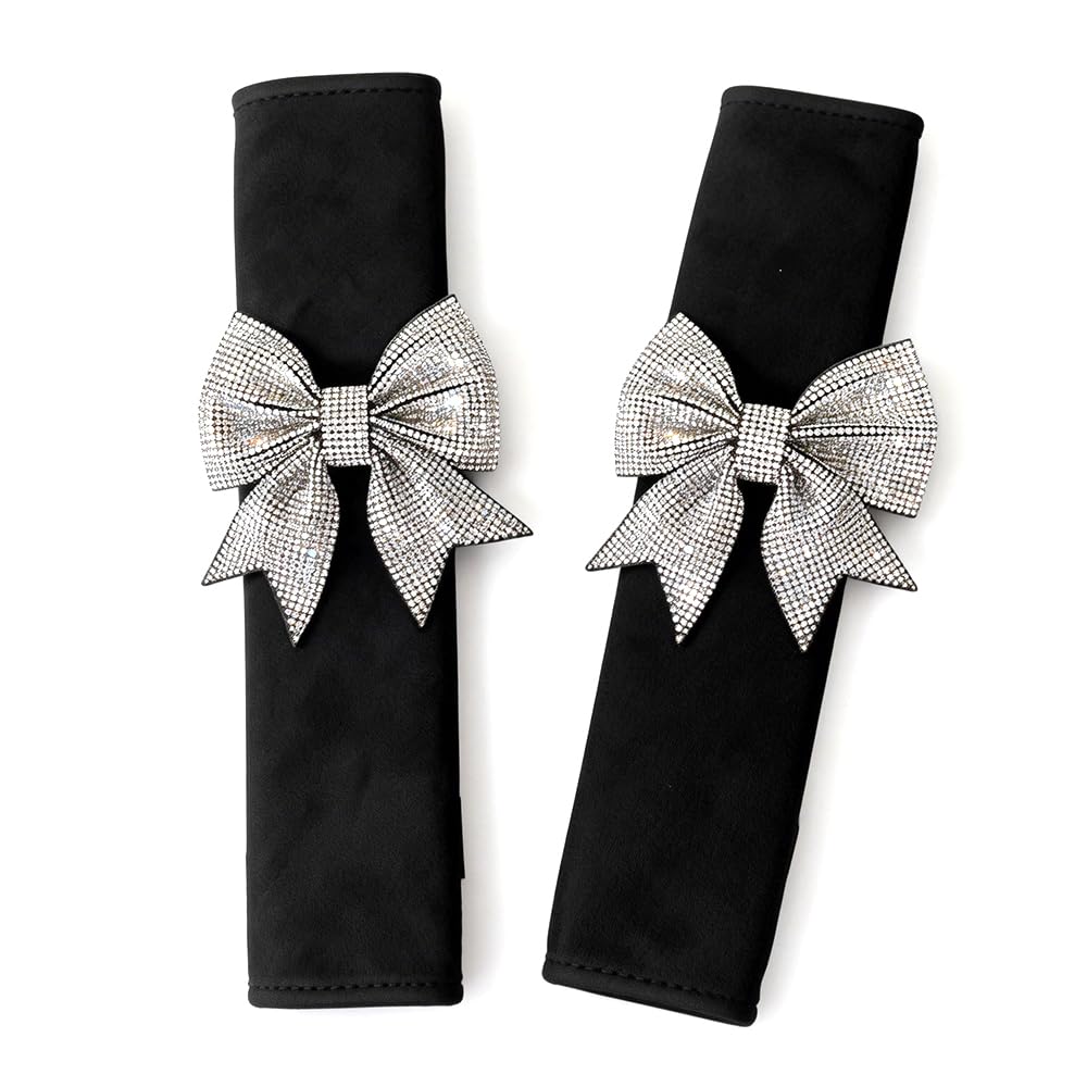 Carwales Bowknot Car Seat Belt Cover Bow Seatbelt Cushion for Shoulder, Seat Strap Pads for Women Girls Rhinestone Bling Accessories Bow Interior Auto 2 Pack Black