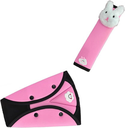 Seat Belt Cover for Kids Adults, Shoulder & Belly Comfort Pad for Boys Girls, Soft Breathable Hypoallergenic, Plush 3D Rabbit, Pink