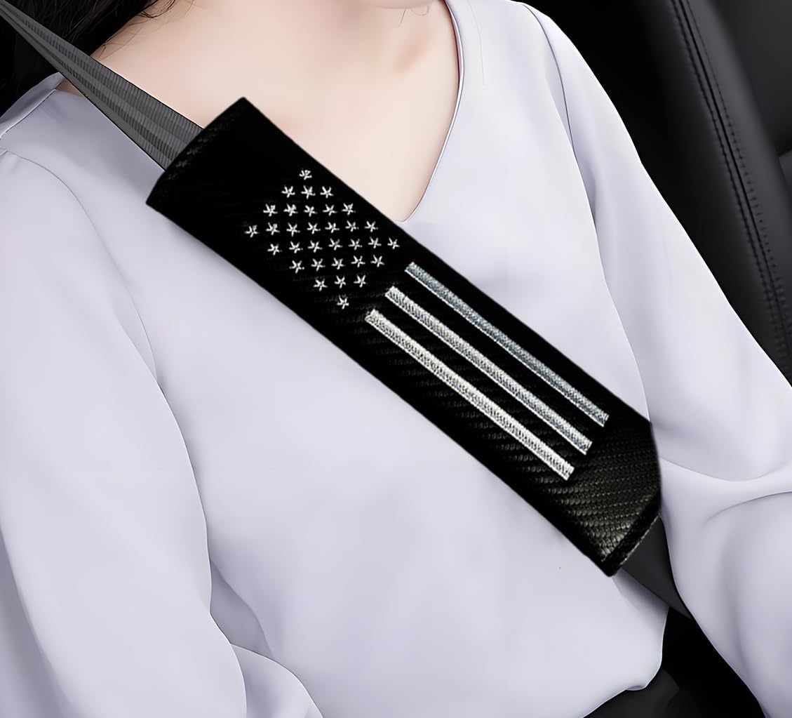 2PCS Car Seat Belt Covers Shoulder Pads for American USA Flag, Carbon Fiber Car Seat Belt Pads Safety Belt Cover Pad, American Flag Decoration Interior Car Accessories