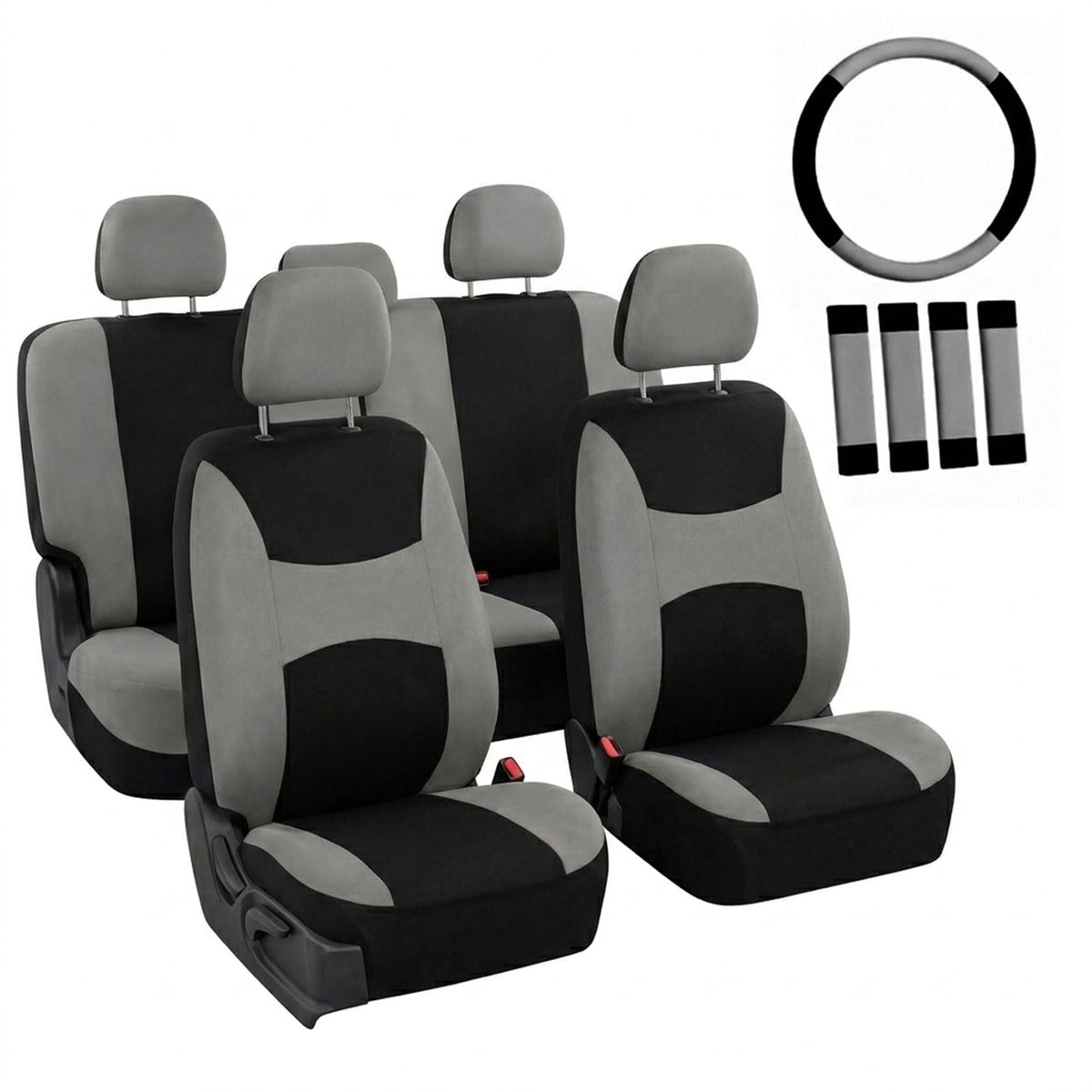 Automotive Seat Covers Beige Black Universal Fit Seat Cover Combo Set with Steering Wheel Cover and Seat Belt Pad (Airbag Compatible and Split Bench)