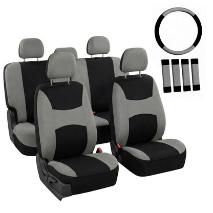 Automotive Seat Covers Beige Black Universal Fit Seat Cover Combo Set with Steering Wheel Cover and Seat Belt Pad (Airbag Compatible and Split Bench)