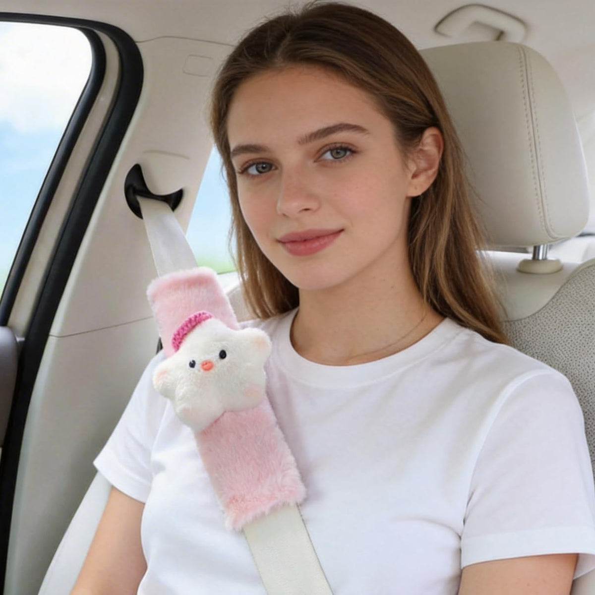 2 PCS Seat Belt Cover Pad, Cute Kawaii Star Soft Seatbelt Covers for Kids, Pink Womens Seatbelt Cushion, Car Seat Strap Pads (Bow+Hat)