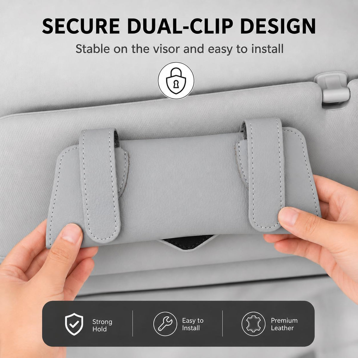 Sunglasses Holder for Car Visor, Enclosed Leather Case, Light Gray