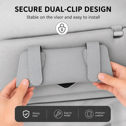 Sunglasses Holder for Car Visor, Enclosed Leather Case, Light Gray