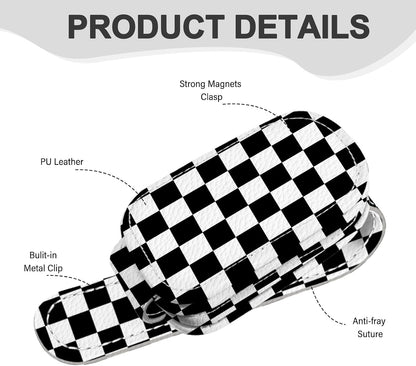 2 Pack Magnetic Leather Sunglass Holder, Universal Magnetic Car Eyeglass Hanger Clip for Different Size Eyeglasses, Car Visor Accessories (Black Plaid)