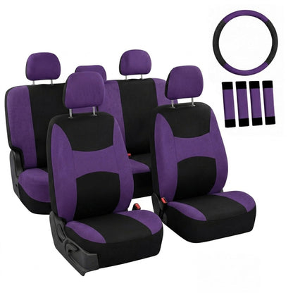 Automotive Seat Covers Beige Black Universal Fit Seat Cover Combo Set with Steering Wheel Cover and Seat Belt Pad (Airbag Compatible and Split Bench)