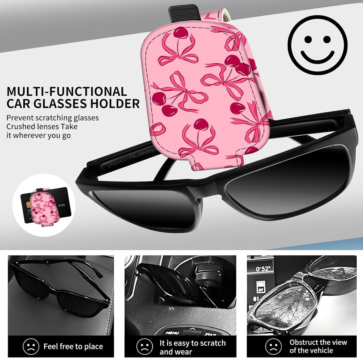 Leather Magnetic Sunglass Holder for Car Sun Visor, Cute Eyeglass Ticket Card Hanger Clip, Universal Auto Interior Accessories for SUV Pickup Truck Pink Bow