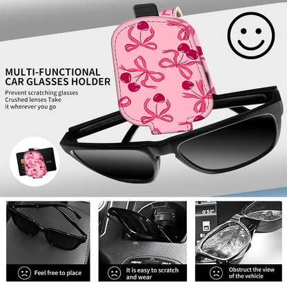 Leather Magnetic Sunglass Holder for Car Sun Visor, Cute Eyeglass Ticket Card Hanger Clip, Universal Auto Interior Accessories for SUV Pickup Truck Pink Bow