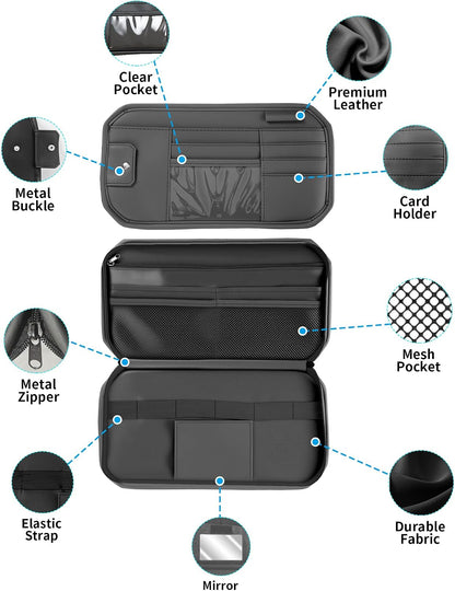Car Sun Visor Organizer with Multi Pockets PU Leather Zipper Bag