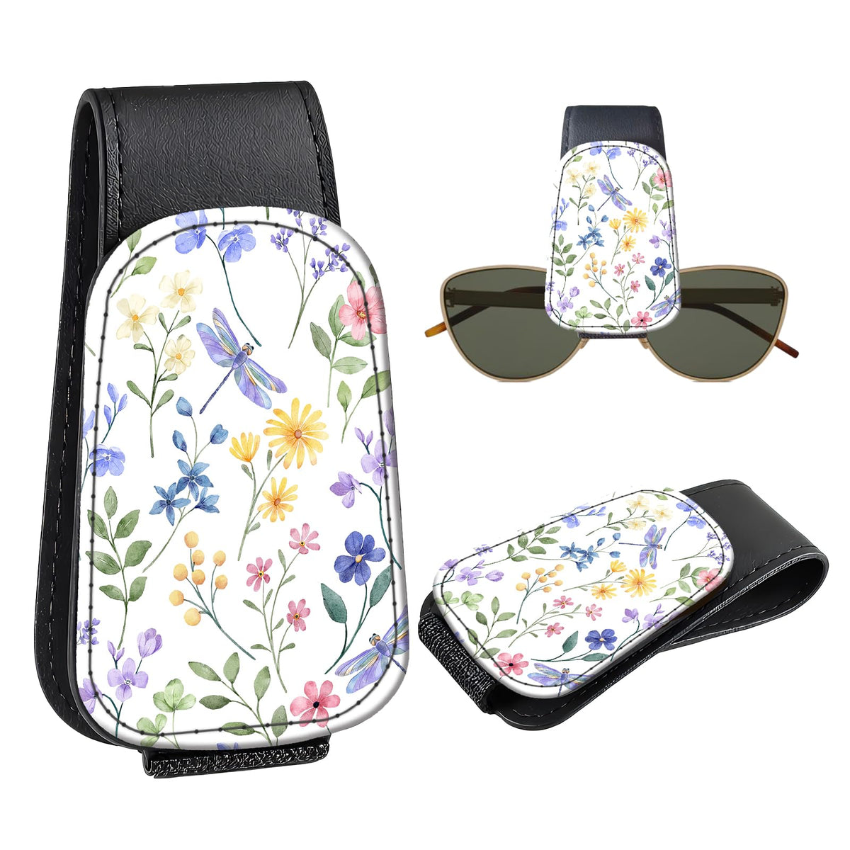 Leather Magnetic Sunglass Holder for Car Sun Visor, Cute Eyeglass Ticket Card Hanger Clip, Universal Auto Interior Accessories for SUV Pickup Truck, Green Camo