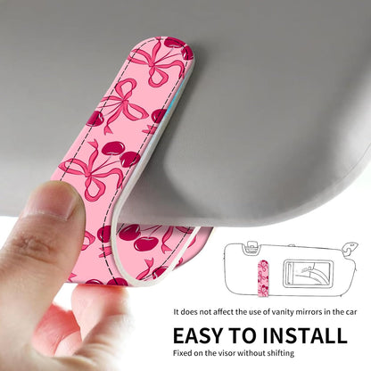 Leather Magnetic Sunglass Holder for Car Sun Visor, Cute Eyeglass Ticket Card Hanger Clip, Universal Auto Interior Accessories for SUV Pickup Truck Pink Bow