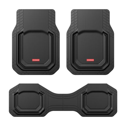 Coverado Heavy-Duty PVC Car Floor Mats Full Set – Black Metallic Heel Pad, All-Weather Protection for Front & Rear, Non-Slip Backing, Easy-to-Clean Liners, 4 Pcs