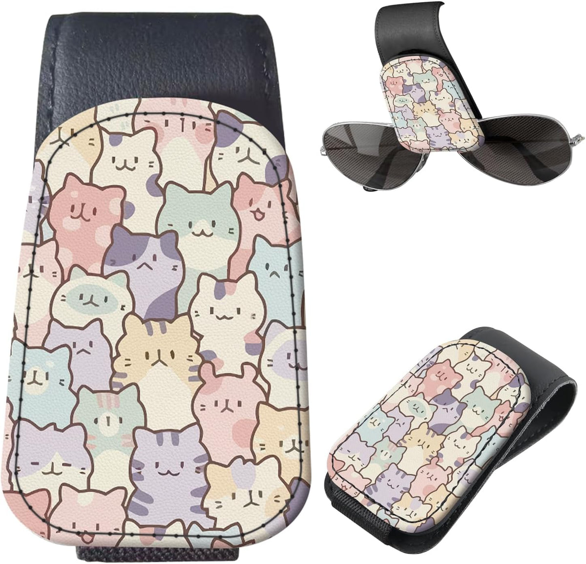 Sunglasses Holder for Car Visor, PU Leather Glasses Clip Organizer, Cute Magnetic Eyeglass Holder for Vehicle Sun Visor, Car Interior Accessory for Women & Men Pastel Cat Stack