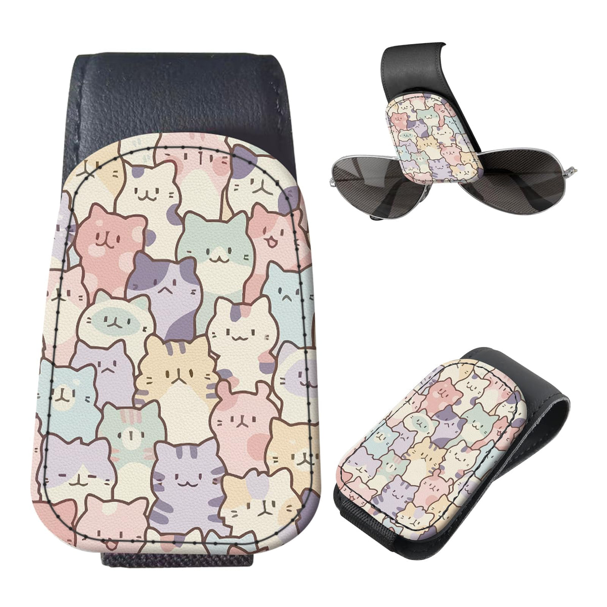 Sunglasses Holder for Car Visor, PU Leather Glasses Clip Organizer, Cute Magnetic Eyeglass Holder for Vehicle Sun Visor, Car Interior Accessory for Women & Men Pastel Cat Stack