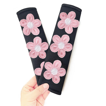 Cute Flower Car Seat Belt Shoulder Pad Cushions (2 in a Pack), Car Accessories Seat Belt Shoulder Strap Protector Universal Cover (White Pink)