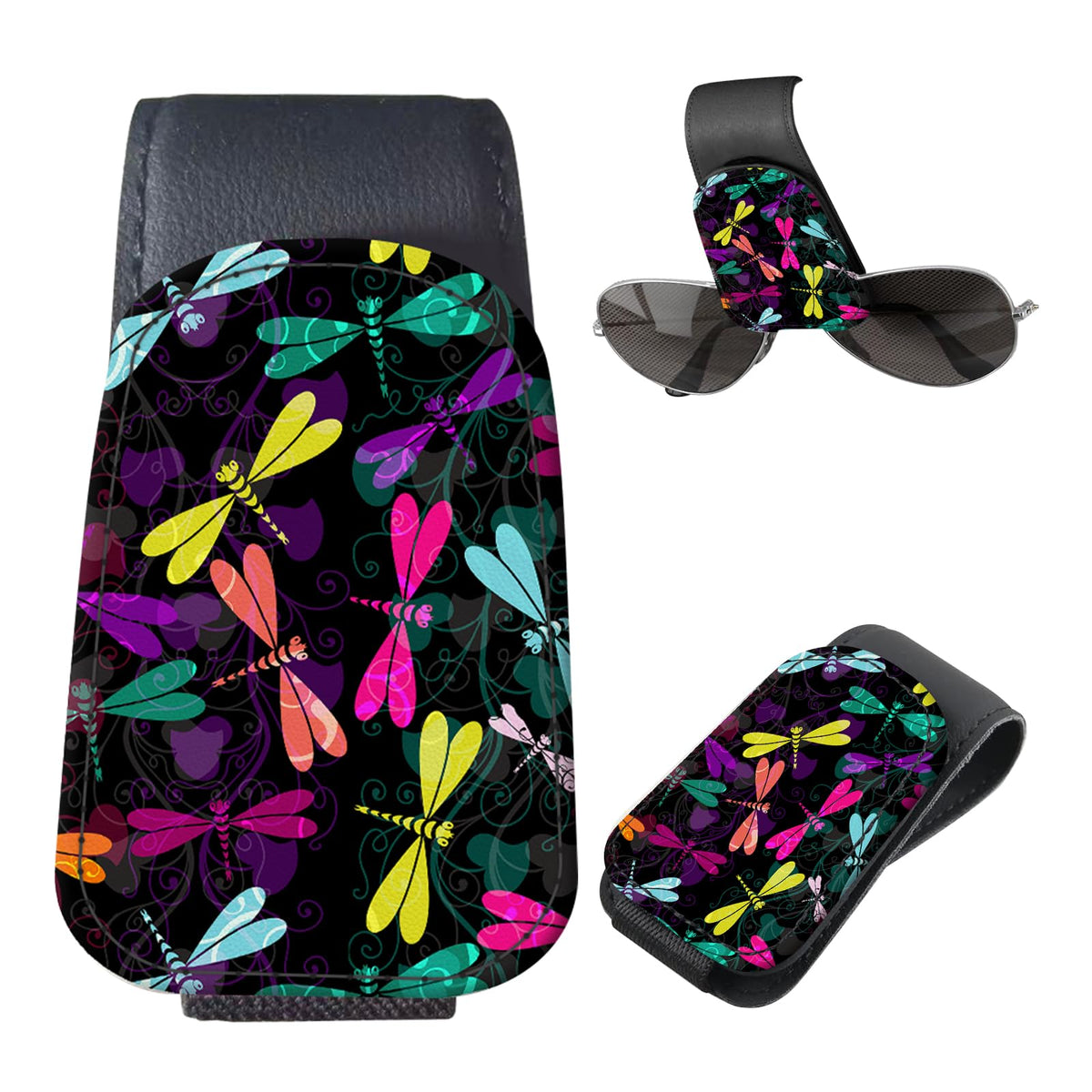 Sunglasses Holder for Car Visor, PU Leather Glasses Clip Organizer, Cute Magnetic Eyeglass Holder for Vehicle Sun Visor, Car Interior Accessory for Women & Men Tropical Neon Flowers