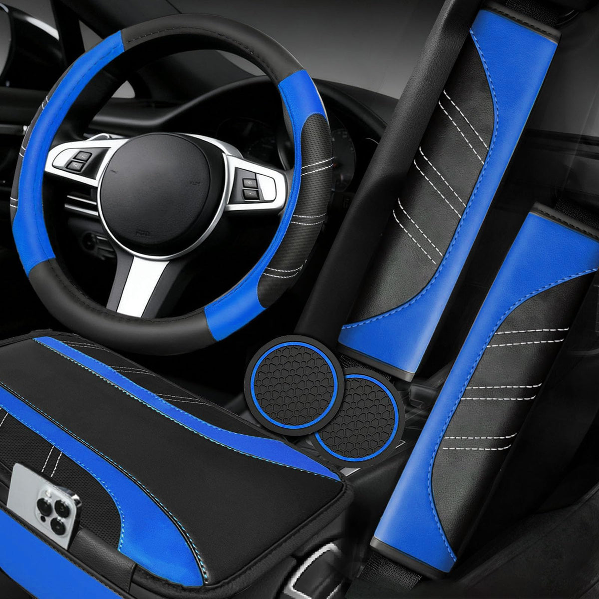 NBTEPEM 6 Pcs Pink Steering Wheel Cover Set, Sport Microfiber Leather Steering Wheel Cover 14.5-15inch Universal, Car Center Console Cover, Seat Belt Cushion, Cup Coasters, Pink Car Accessories Set