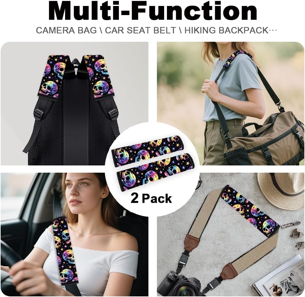 2Pcs Rainbow Skull Soft Auto Seat Belt Cover Pad 11" x 2.4"