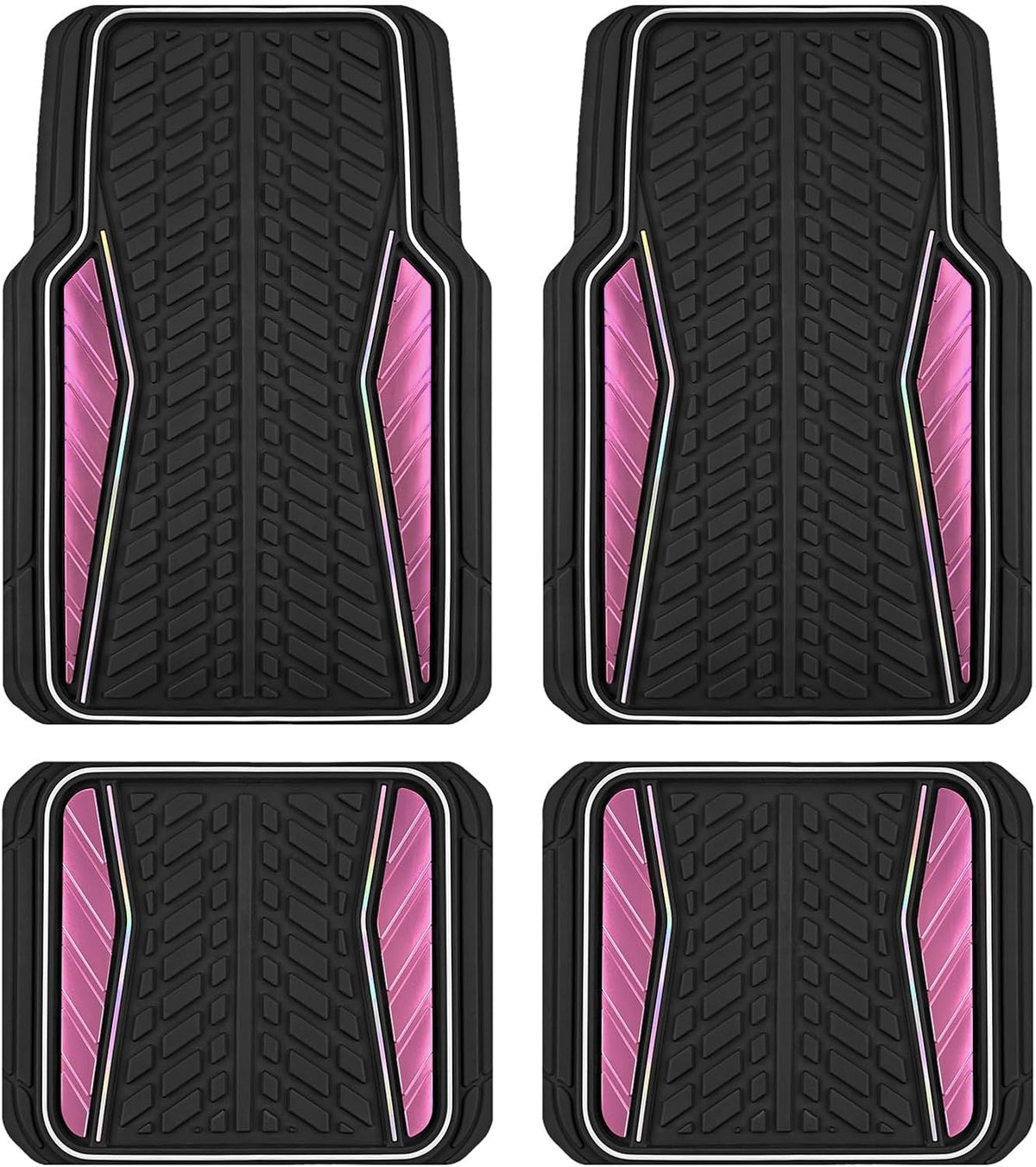 PIC AUTO Car Floor Mats, Pink Aluminum-Molded with Full-Circle Iridescent Inlay Strip Car Mats, Universal-Fit Rubber Mats for Cars, Trucks & SUVs, All-Weather, Non-Slip, Easy-to-Clean Interior Mats