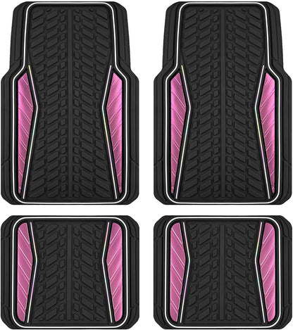 PIC AUTO Car Floor Mats, Pink Aluminum-Molded with Full-Circle Iridescent Inlay Strip Car Mats, Universal-Fit Rubber Mats for Cars, Trucks & SUVs, All-Weather, Non-Slip, Easy-to-Clean Interior Mats