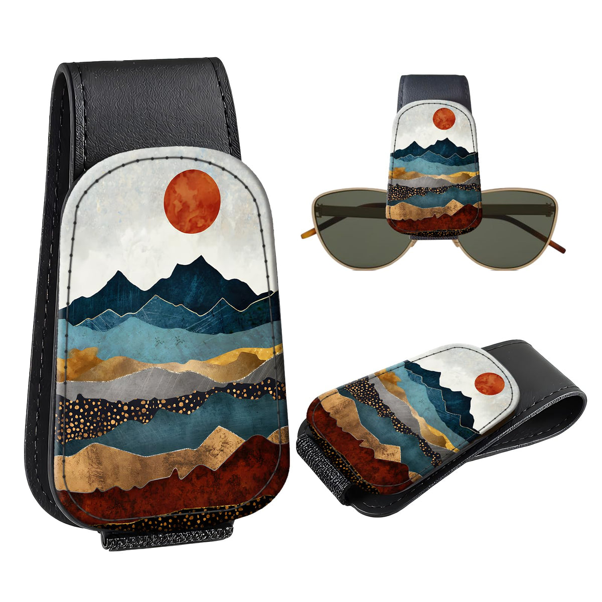 Leather Magnetic Sunglass Holder for Car Sun Visor, Cute Eyeglass Ticket Card Hanger Clip, Universal Auto Interior Accessories for SUV Pickup Truck, Cherry Pattern