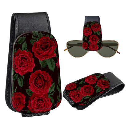 Leather Magnetic Sunglass Holder for Car Sun Visor, Cute Eyeglass Ticket Card Hanger Clip, Universal Auto Interior Accessories for SUV Pickup Truck, Cherry Pattern