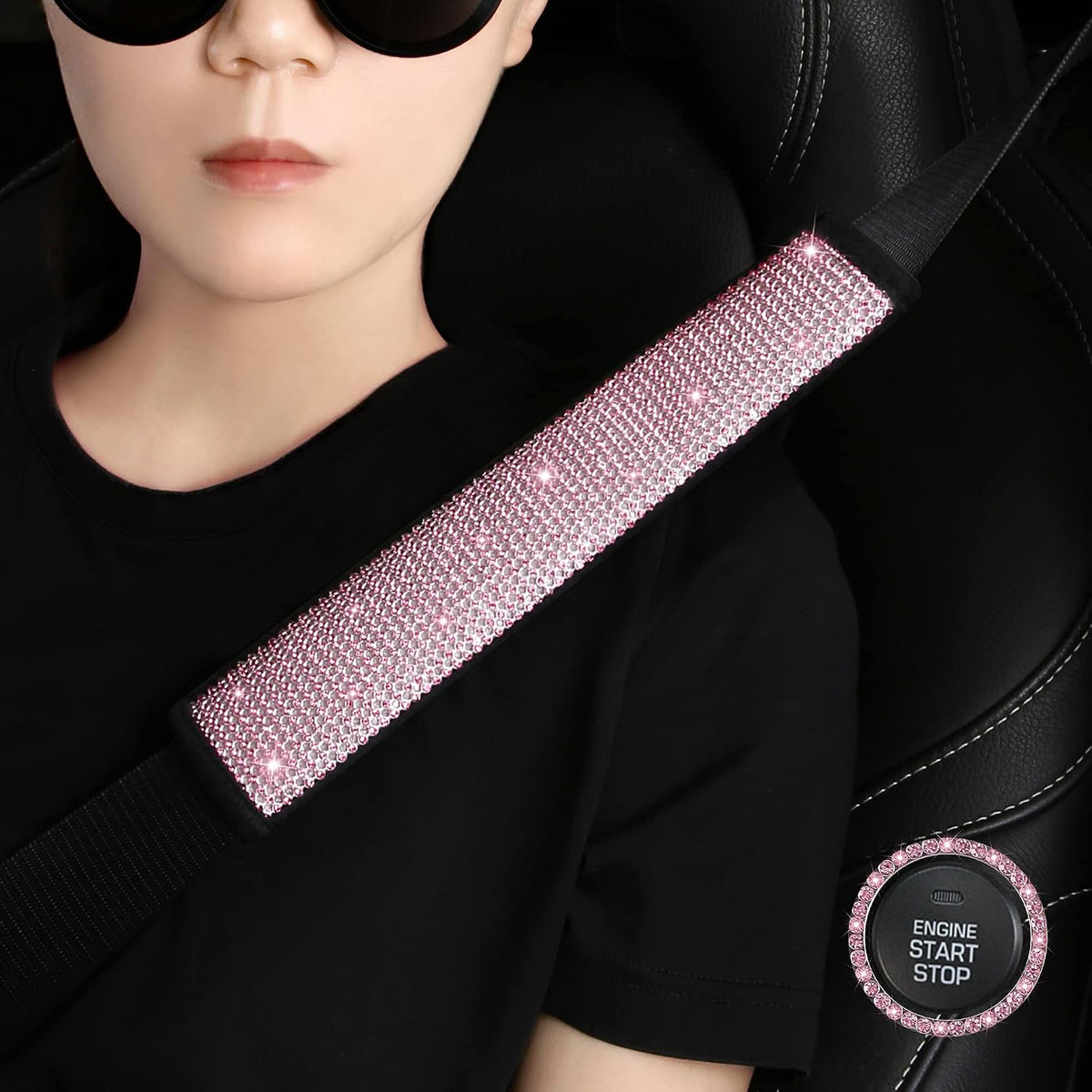 HighnessHwoo Bling Car Seatbelt Covers for Women Girls, Rhinestone Crystal Velvet Seat Belt Cushion Pad Cover Protector, Diamond Shine Safety Shoulder Pad, Car Interior Accessories, 2pcs, Pink, 25cm