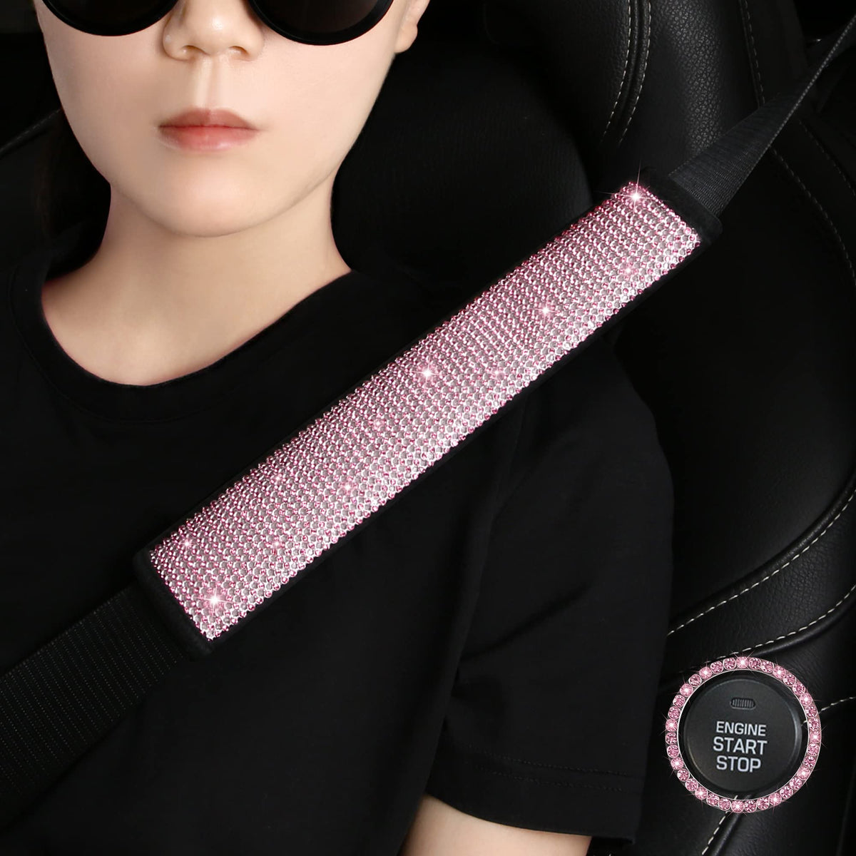 HighnessHwoo Bling Car Seatbelt Covers for Women Girls, Rhinestone Crystal Velvet Seat Belt Cushion Pad Cover Protector, Diamond Shine Safety Shoulder Pad, Car Interior Accessories, 2pcs, Pink, 25cm