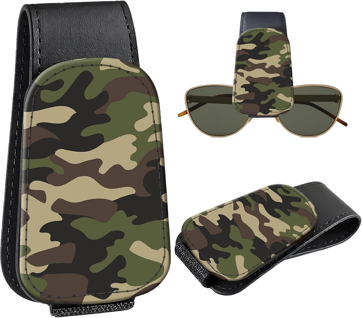 Leather Magnetic Sunglass Holder for Car Sun Visor, Cute Eyeglass Ticket Card Hanger Clip, Universal Auto Interior Accessories for SUV Pickup Truck, Green Camo