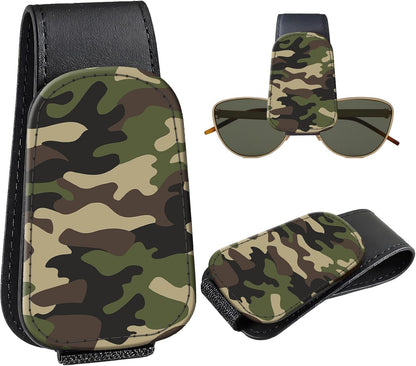 Leather Magnetic Sunglass Holder for Car Sun Visor, Cute Eyeglass Ticket Card Hanger Clip, Universal Auto Interior Accessories for SUV Pickup Truck, Green Camo