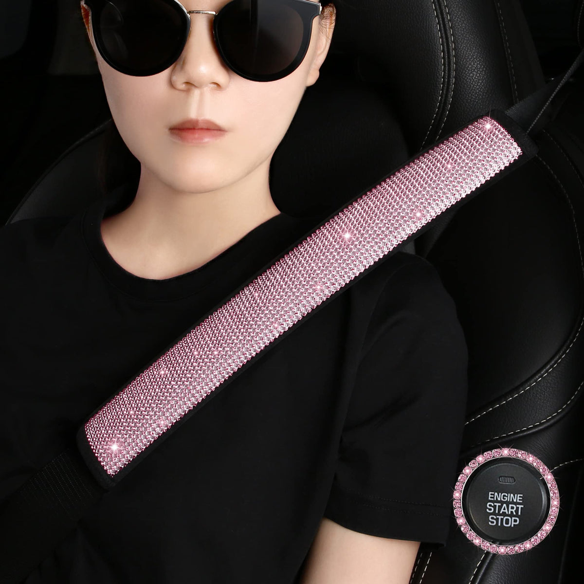 HighnessHwoo Bling Car Seatbelt Covers for Women Girls, Rhinestone Crystal Velvet Seat Belt Cushion Pad Cover Protector, Diamond Shine Safety Shoulder Pad, Car Interior Accessories, 2pcs, Pink, 25cm