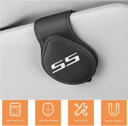Car Sunglasses Holder for Chevy Camaro SS Car Sun Visor Leather Glasses Sunglass Clip Magnetic Eyeglass Hanger Mount Car Accessories for SS Owners