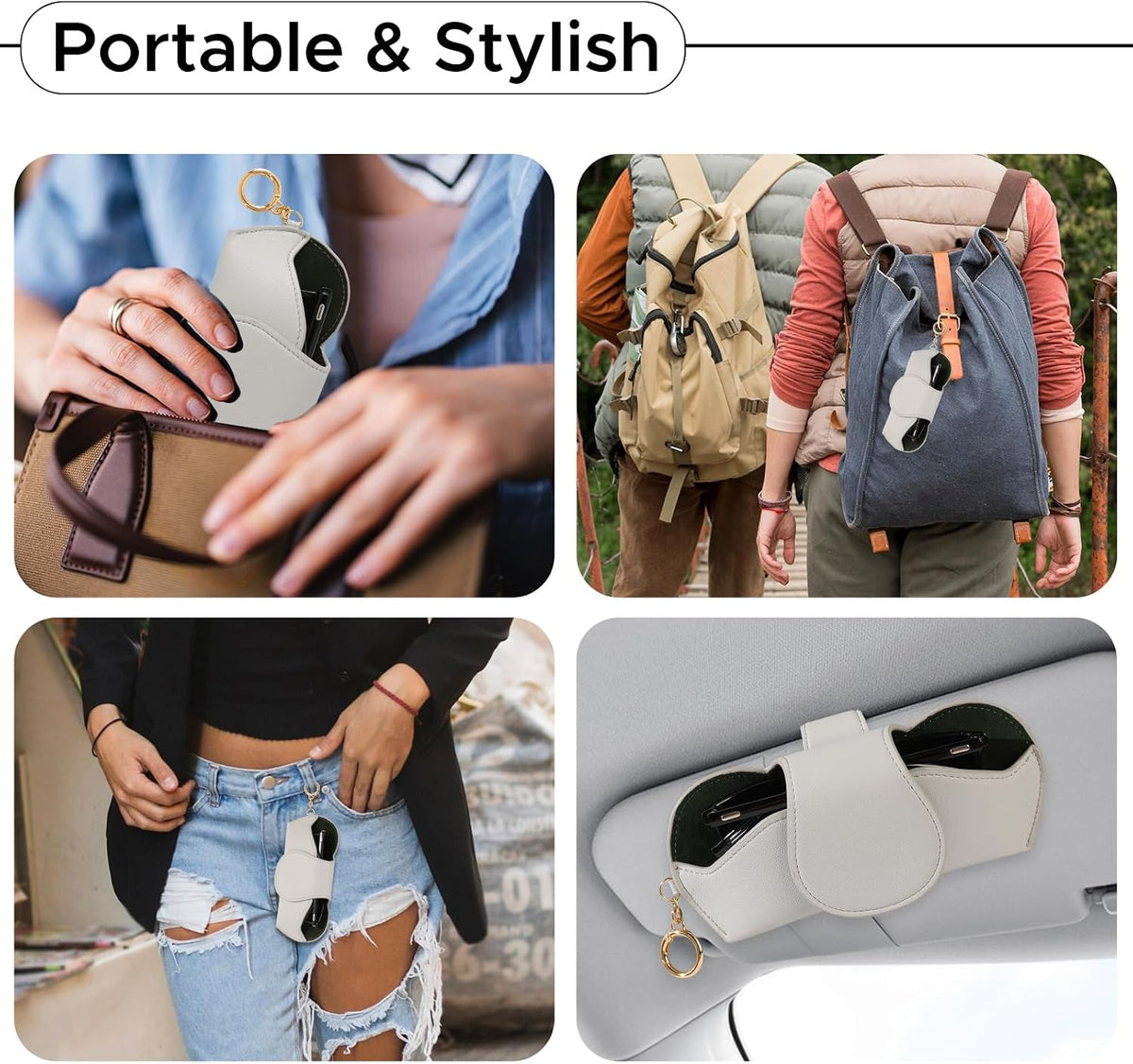 KINIVA Sunglasses Holder for Car Visor with Hanging Hook Portable Leather Glasses Storage Bag with Detachable Clips