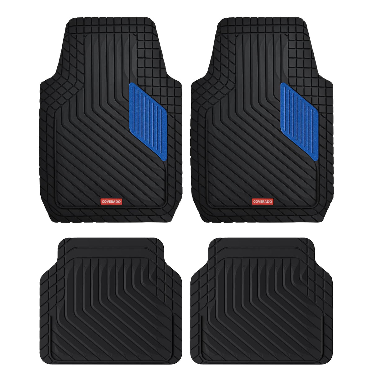 Coverado Heavy-Duty PVC Car Floor Mats Full Set – Black Metallic Heel Pad, All-Weather Protection for Front & Rear, Non-Slip Backing, Easy-to-Clean Liners, 4 Pcs