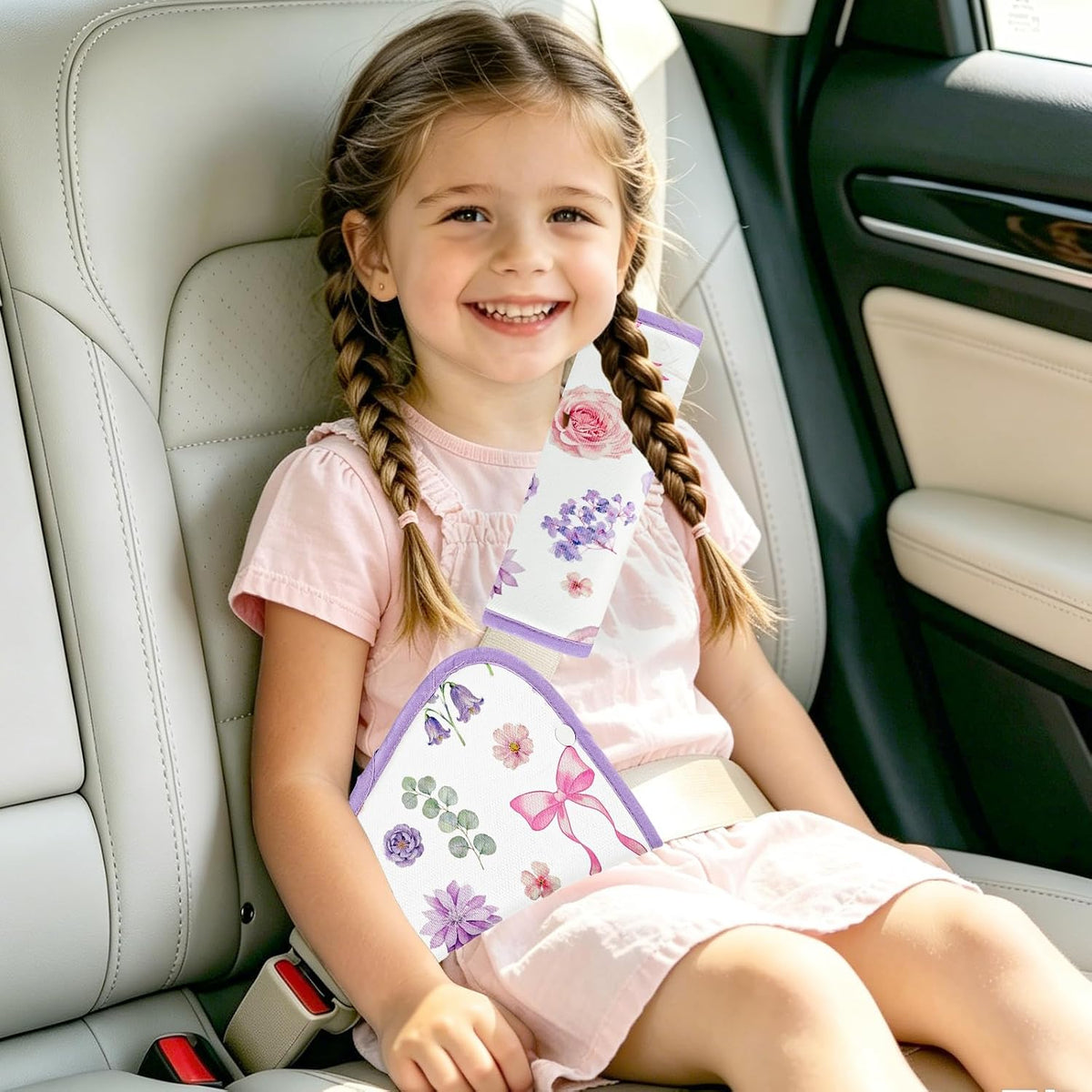 Kids Seat Belt Cover Pads, Pea Pod Children Universal Shoulder & Belly Protective Padding, Breathable Car Seat Strap Cushion Covers for Boys Girls (Floral&Bows)