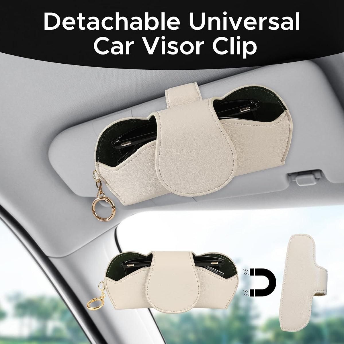 KINIVA Sunglasses Holder for Car Visor with Hanging Hook Portable Leather Glasses Storage Bag with Detachable Clips