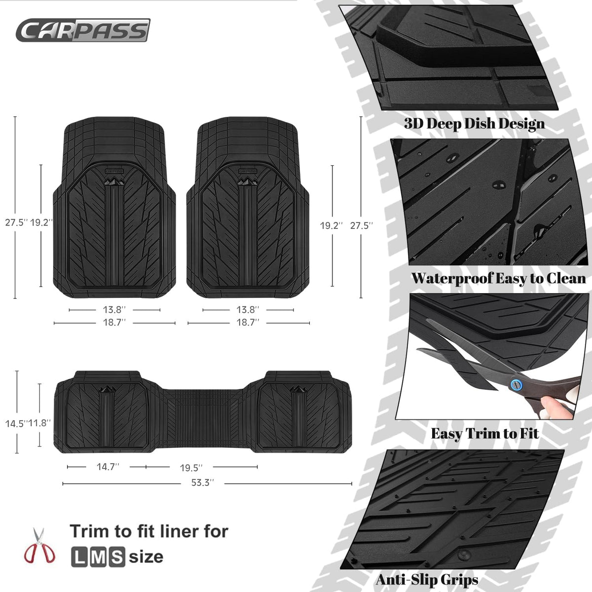 CAR PASS Heavy Rubber Car Floor Mats, Deep Waterproof Car Mats All Weather, Universal Trim-to Fit Automotive Floor Mats for Car SUV Truck Van, Durable Floor Liners Solid Black