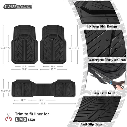 CAR PASS Heavy Rubber Car Floor Mats, Deep Waterproof Car Mats All Weather, Universal Trim-to Fit Automotive Floor Mats for Car SUV Truck Van, Durable Floor Liners Solid Black