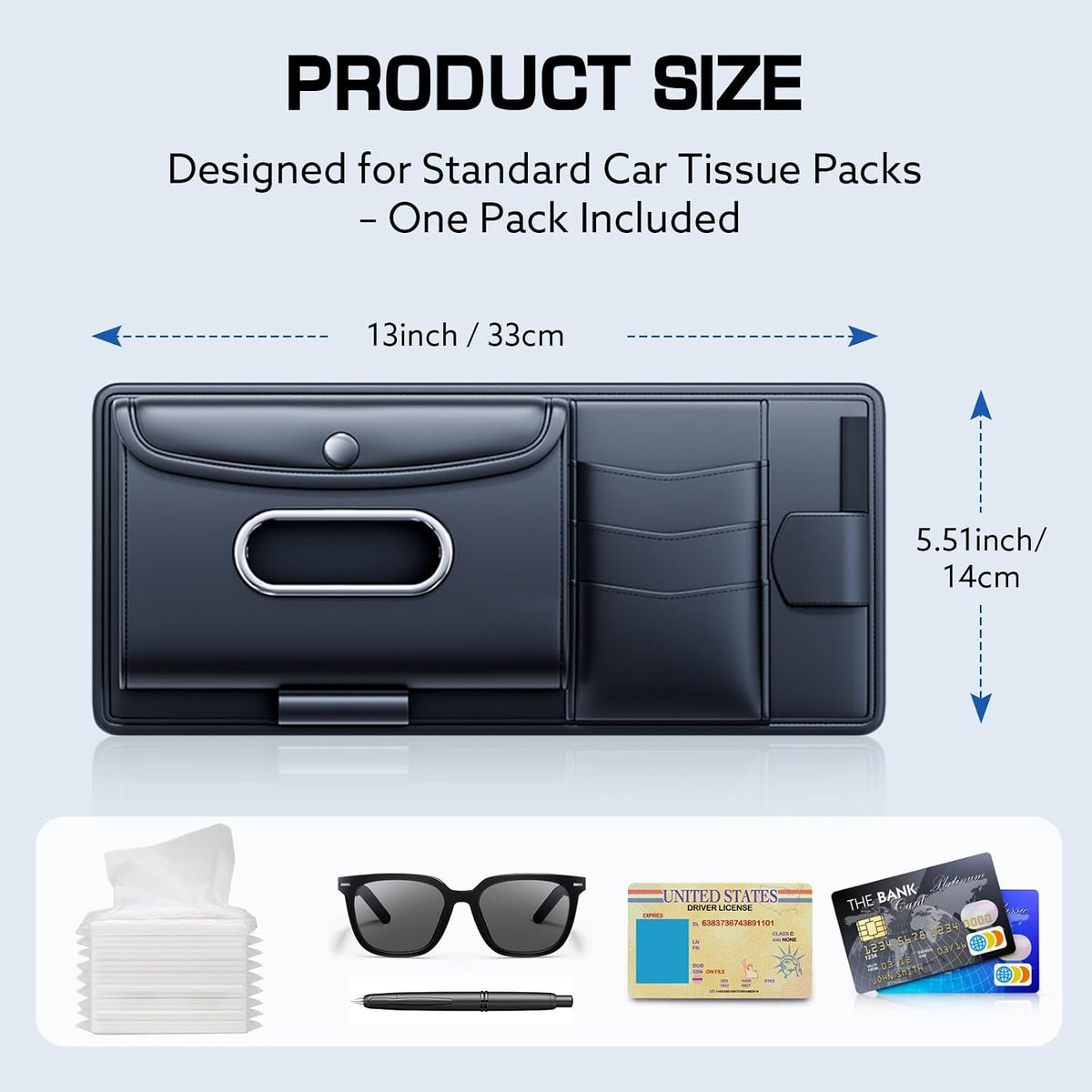 Leather Car Visor Organizer with Tissue Holder, Card Holder and Sunglasses Clip