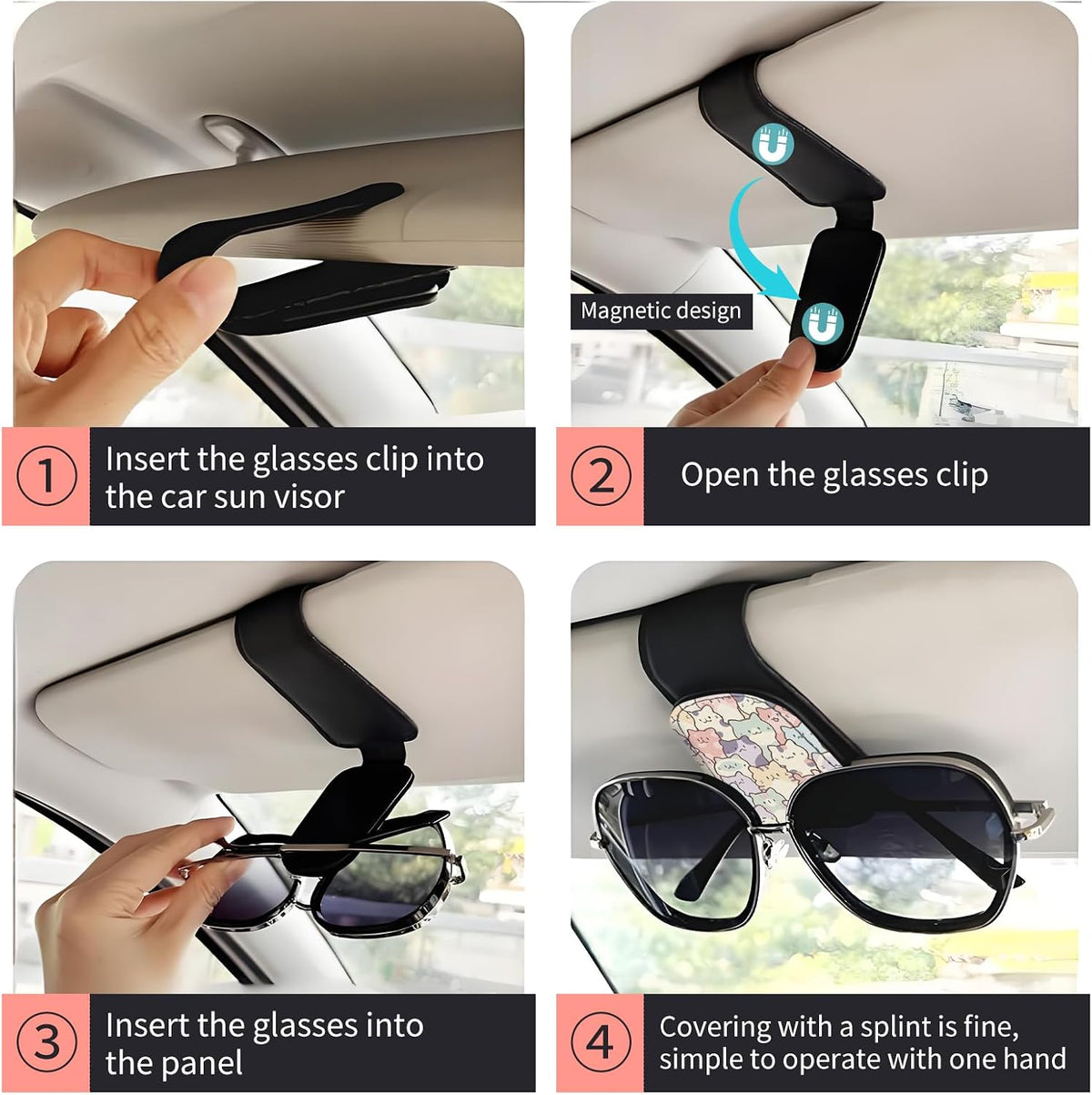 Sunglasses Holder for Car Visor, PU Leather Glasses Clip Organizer, Cute Magnetic Eyeglass Holder for Vehicle Sun Visor, Car Interior Accessory for Women & Men Pastel Cat Stack