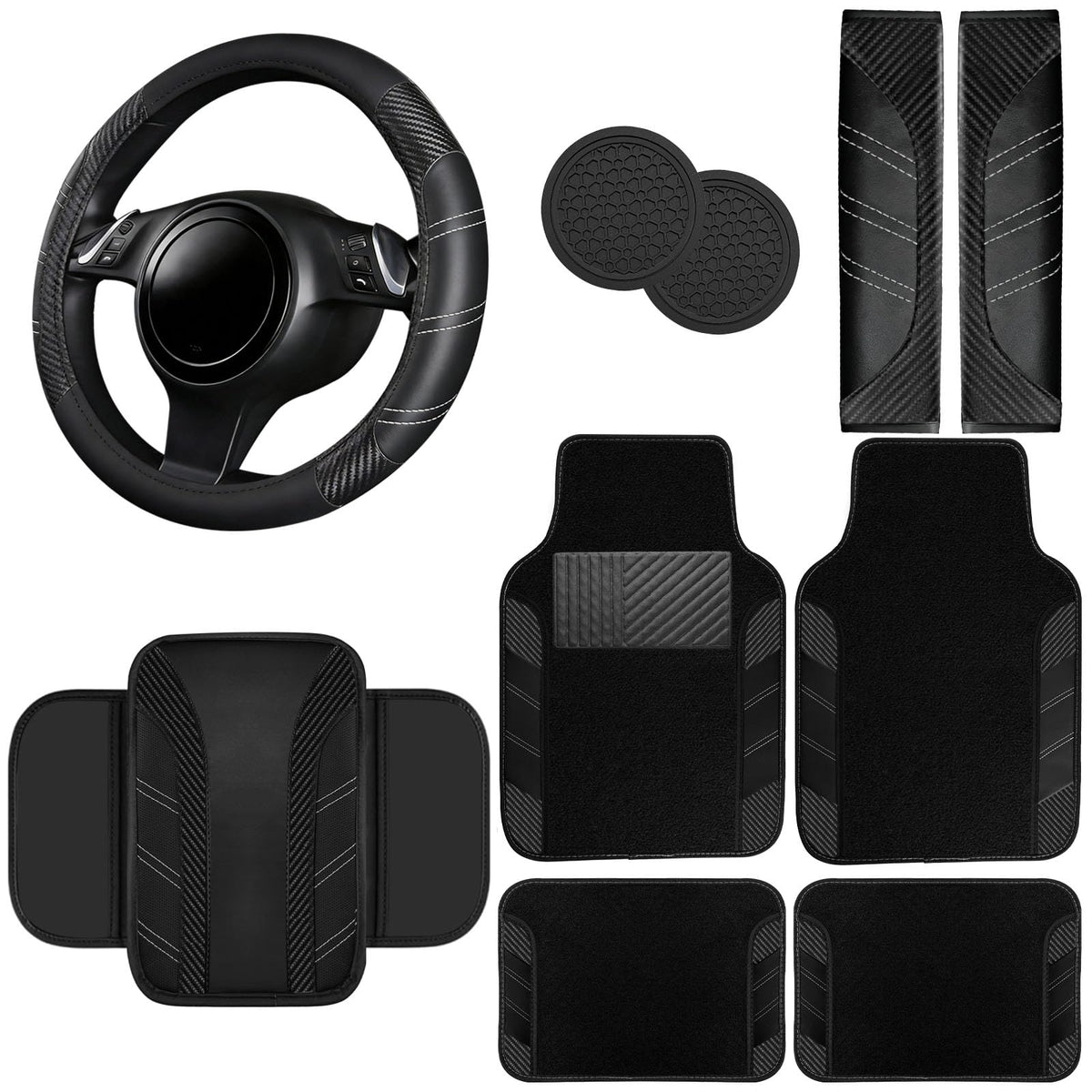 NBTEPEM 6 Pcs Pink Steering Wheel Cover Set, Sport Microfiber Leather Steering Wheel Cover 14.5-15inch Universal, Car Center Console Cover, Seat Belt Cushion, Cup Coasters, Pink Car Accessories Set